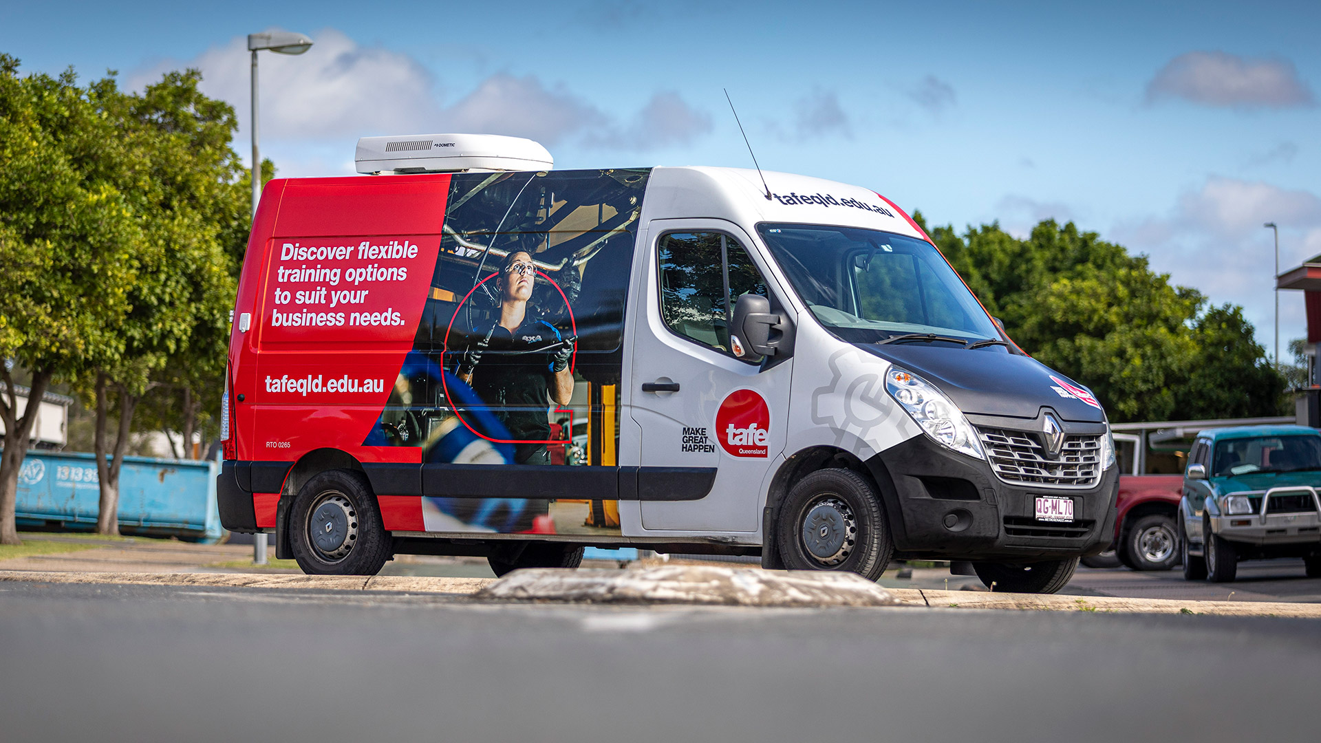 A specially branded mobile training van operated by TAFE Queensland that brings hands-on trade training directly to employer workplaces. The van is equipped with industry-standard tools and equipment and supports employers by delivering flexible, workplace-based training for apprentices and trainees — helping businesses to “get apprentice business ready” via on-site delivery. Flexible delivery includes this mobile van, as part of TAFE Queensland’s suite of options tailored for trade employers.