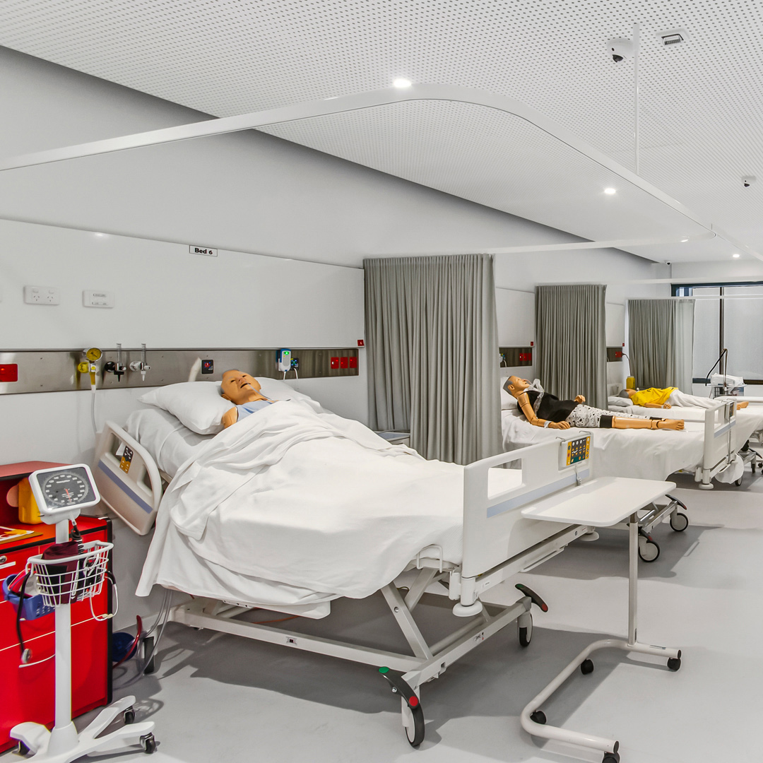 Simulated nursing ward including simulator manikins. 