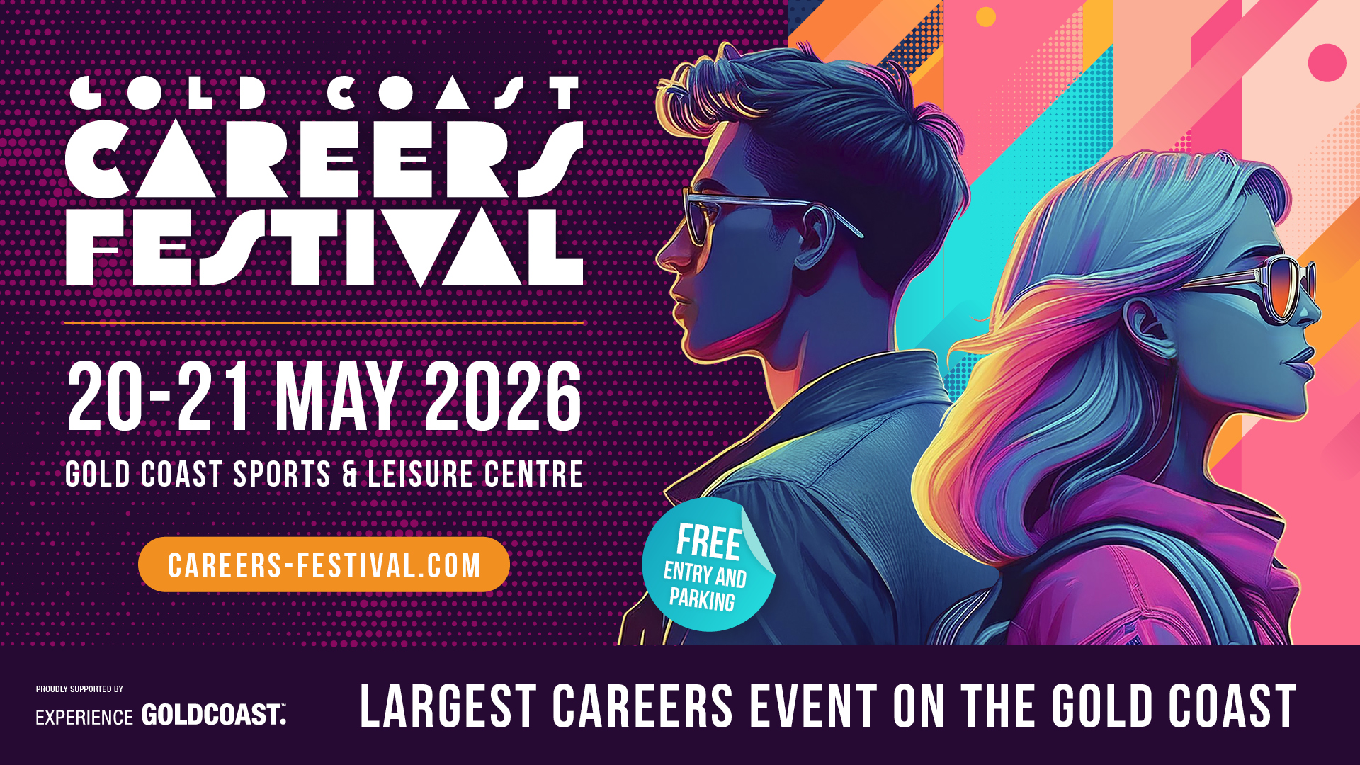 Graphic image of two students standing back to back with details on Gold Coast Careers Festival in text overlay